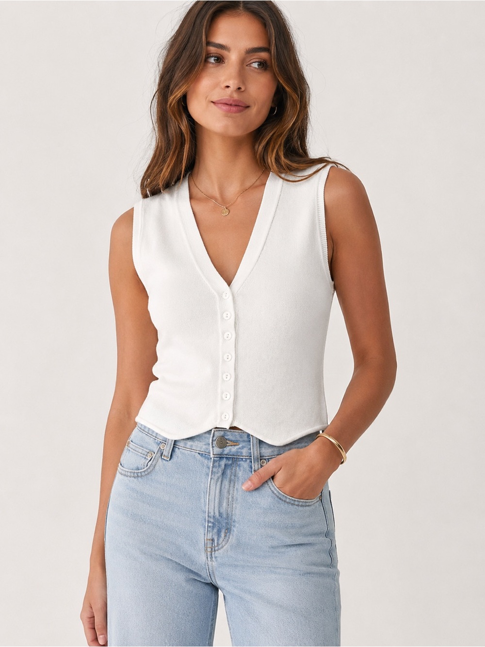 Zara White Knit Button Front Vest Top Size Small V-Neck Sleeveless